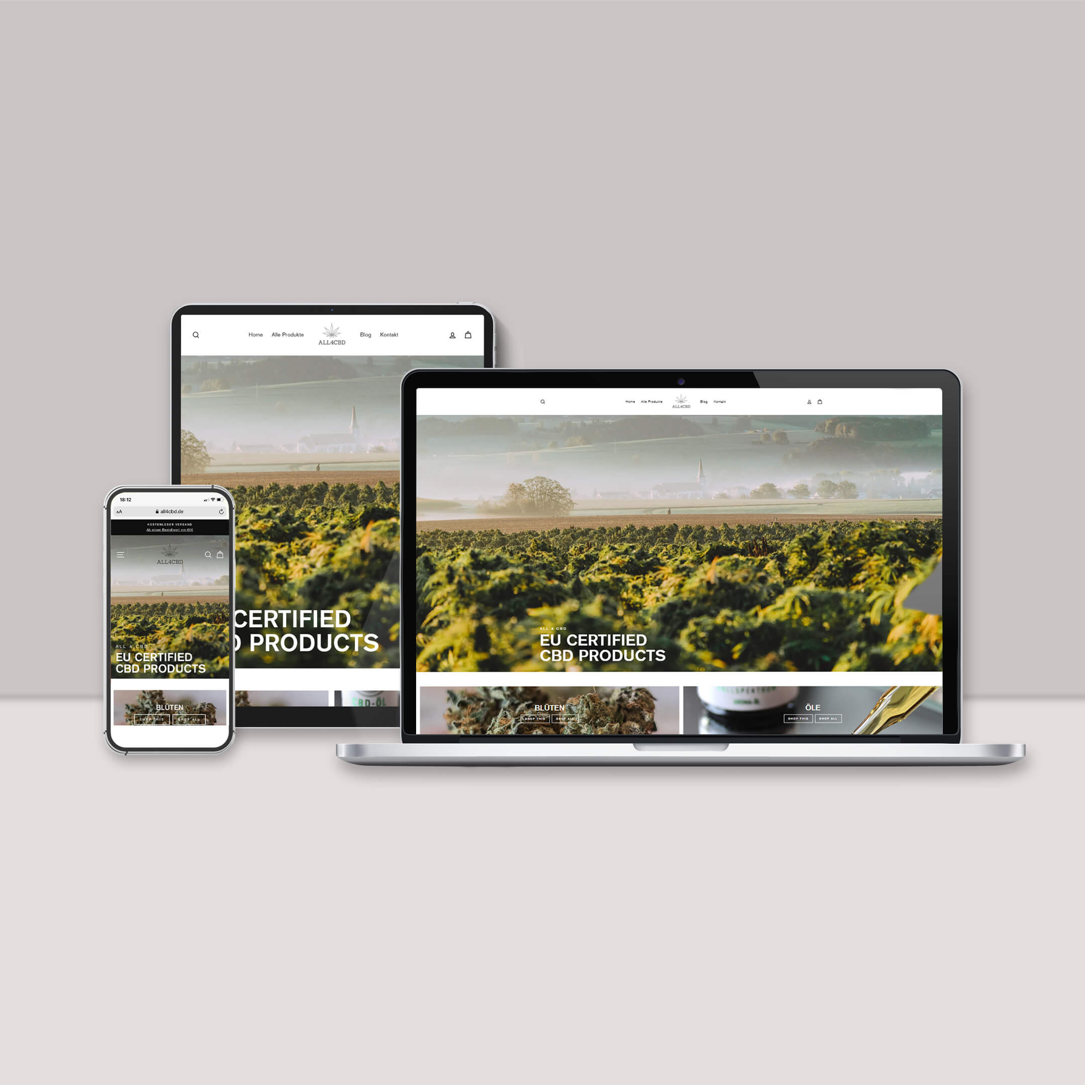Darstellung des Online-Shops All4CBD auf Desktop und mobilen Geräten Darstellung und Beschreibung des Online-Shops von All4CBD, Tochter der Naturkreis GmbH auf Desktop und mobilen Geräten (responsive design)