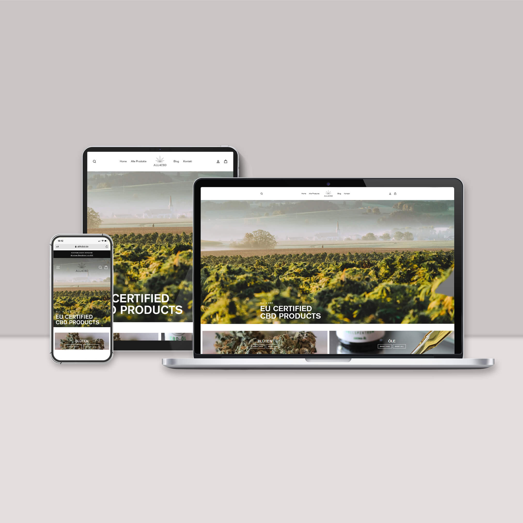 Darstellung des Online-Shops von All4CBD, Tochter der Naturkreis GmbH auf Desktop und mobilen Geräten (responsive design)