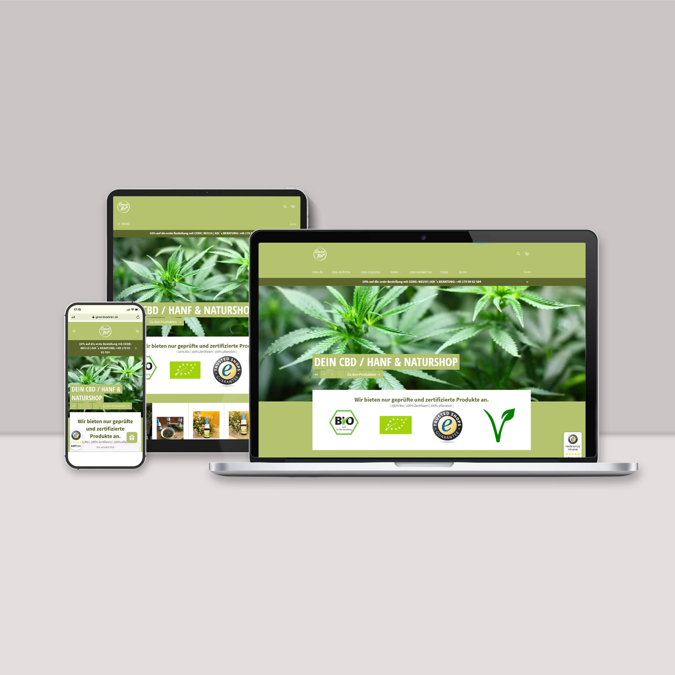 Dahrstellung des Online-Shops von der Green Box Trier auf Desktop und mobilen Geräten Darstellung und Beschreibung des Online-Shops von der Green Box Trier auf Desktop und mobilen Geräten (responsive design)