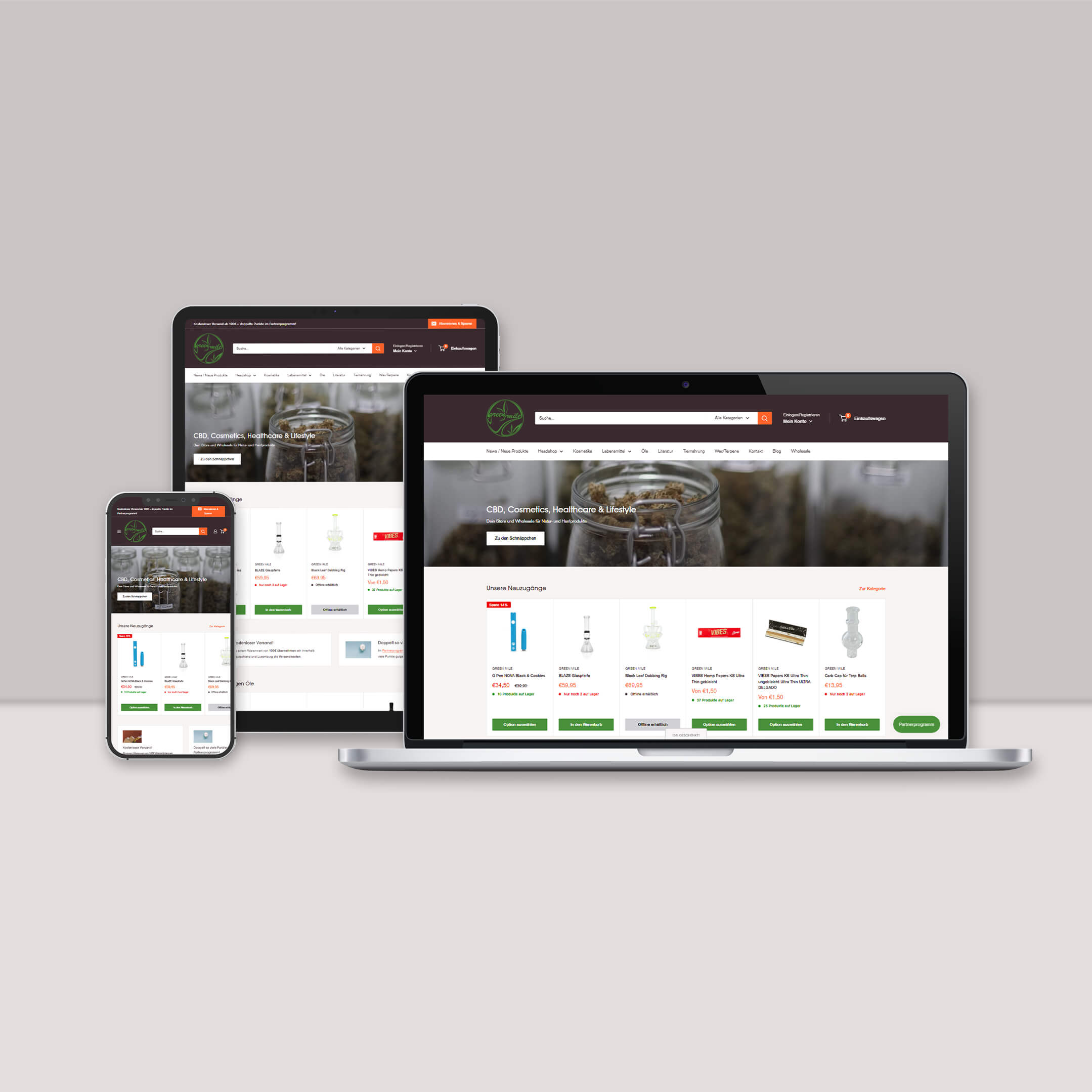 Dahrstellung des Online-Shops von Green Mile Lux auf Desktop und mobilen Geräten Darstellung und Beschreibung des Online-Shops von Green Mile Lux auf Desktop und mobilen Geräten (responsive design)