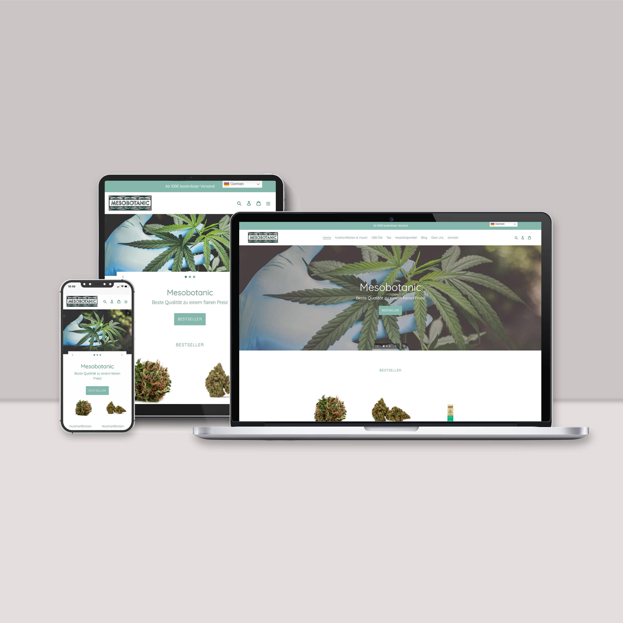 Darstellung des Online-Shops Mesobotanic auf Desktop und mobilen Geräten Darstellung und Beschreibung des Online-Shops von Mesobotanic auf Desktop und mobilen Geräten (responsive design)