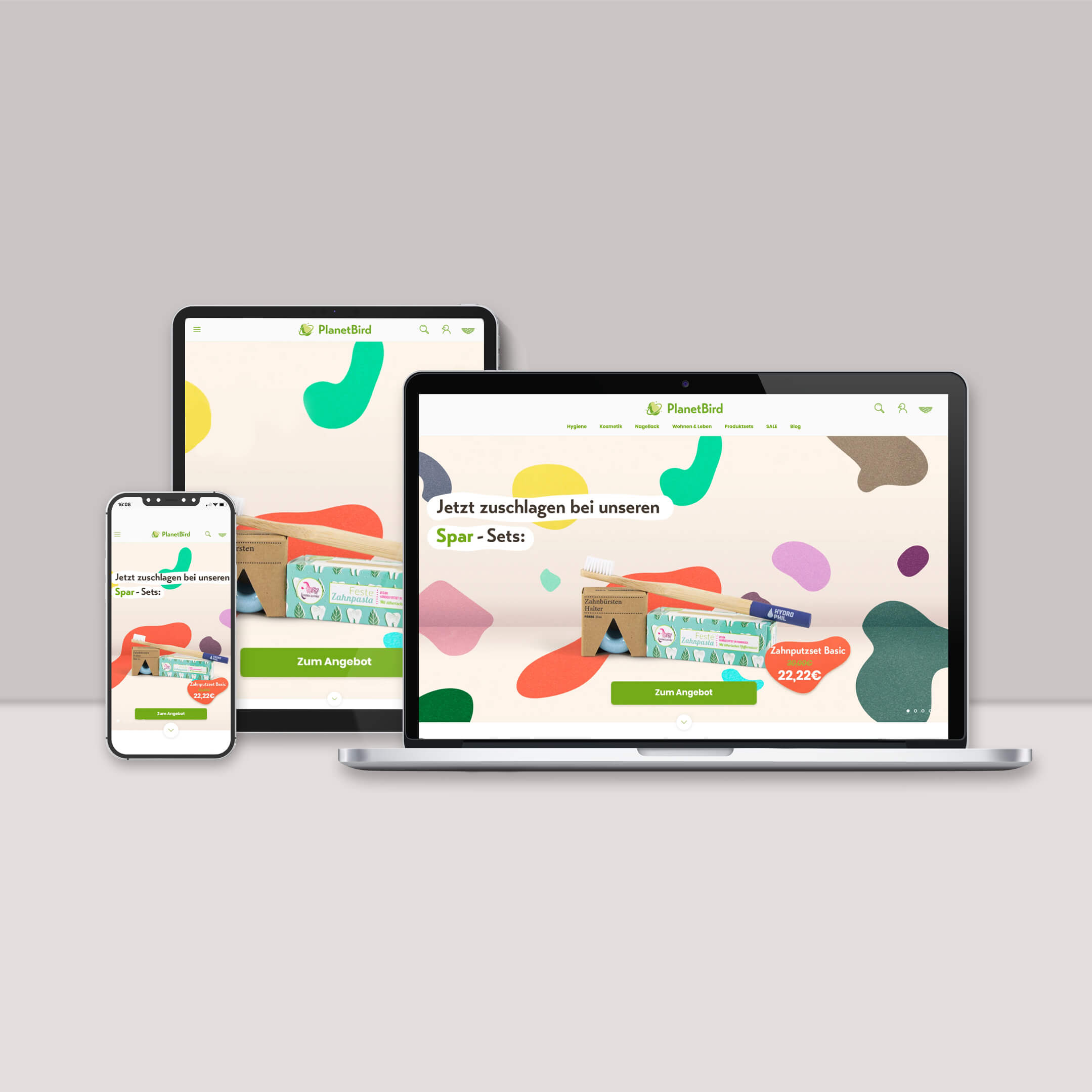 Darstellung des Online-Shops PlanetBird auf Desktop und mobilen Geräten Darstellung und Beschreibung des Online-Shops von PlanetBird auf Desktop und mobilen Geräten (responsive design)