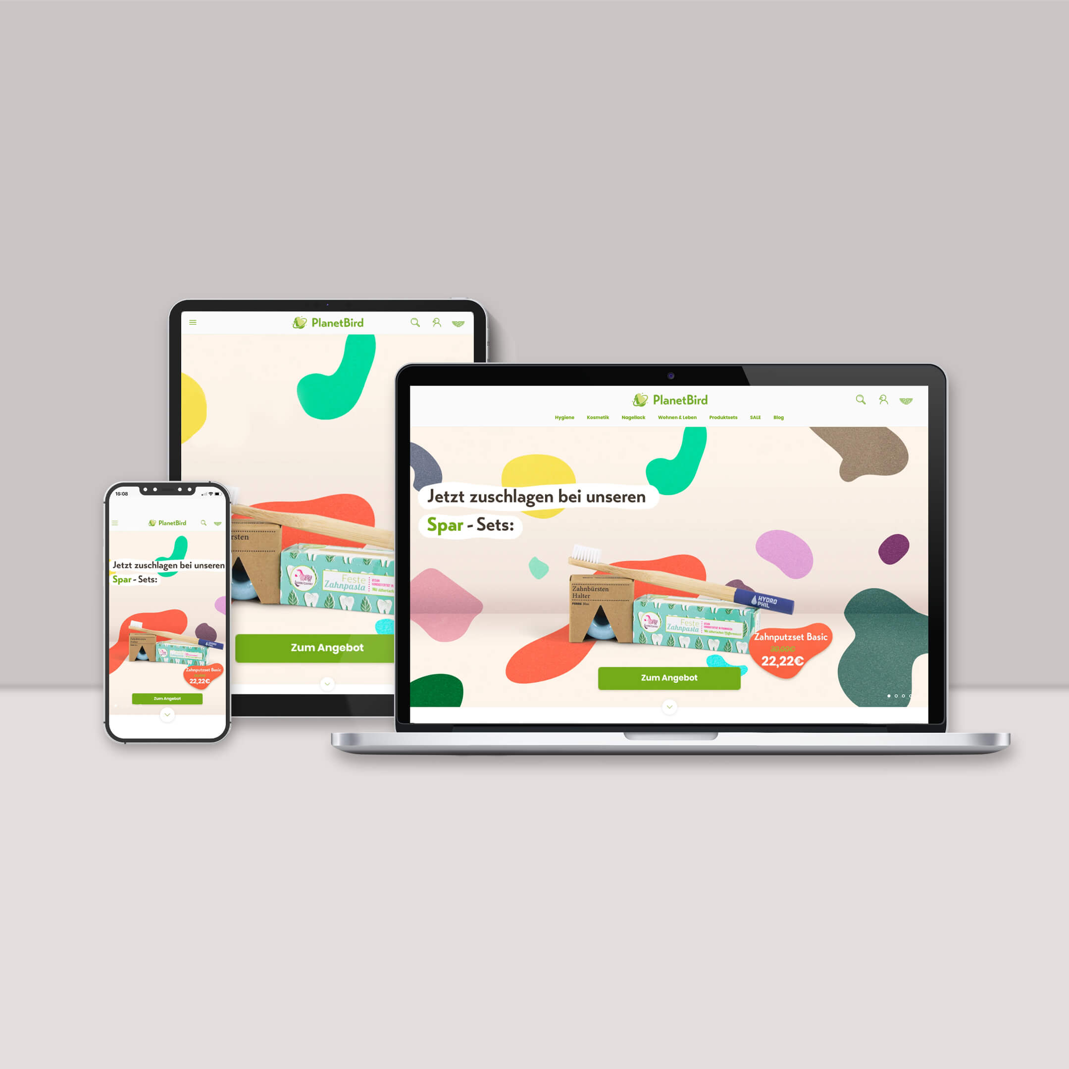 Darstellung des Online-Shops von PlanetBird auf Desktop und mobilen Geräten (responsive design)
