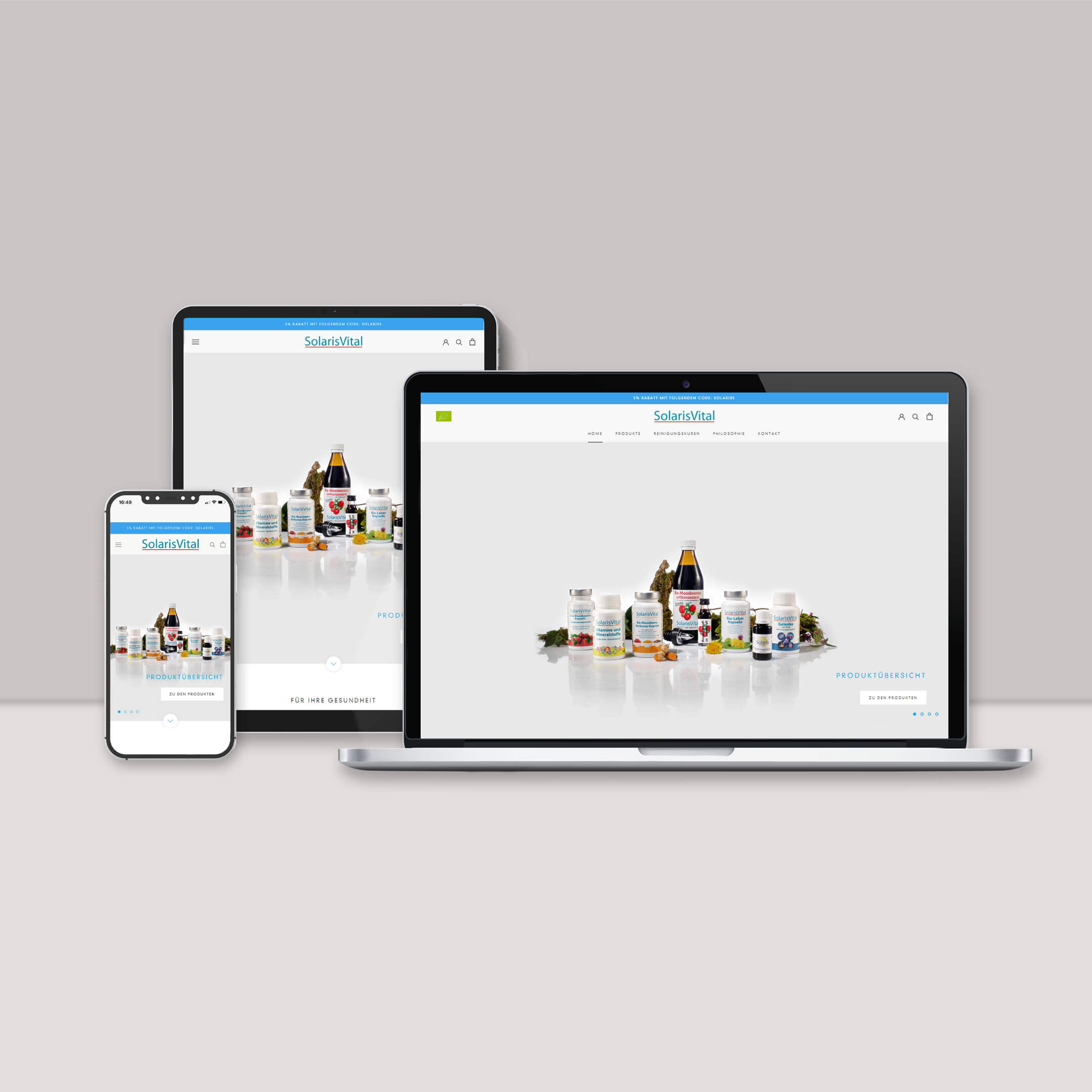 Darstellung des Online-Shops von SolarisVital auf Desktop und mobilen Geräten Darstellung und Beschreibung des Online-Shops von SolarisVital Solaris GmbH Saarbrücken auf Desktop und mobilen Geräten (responsive design)