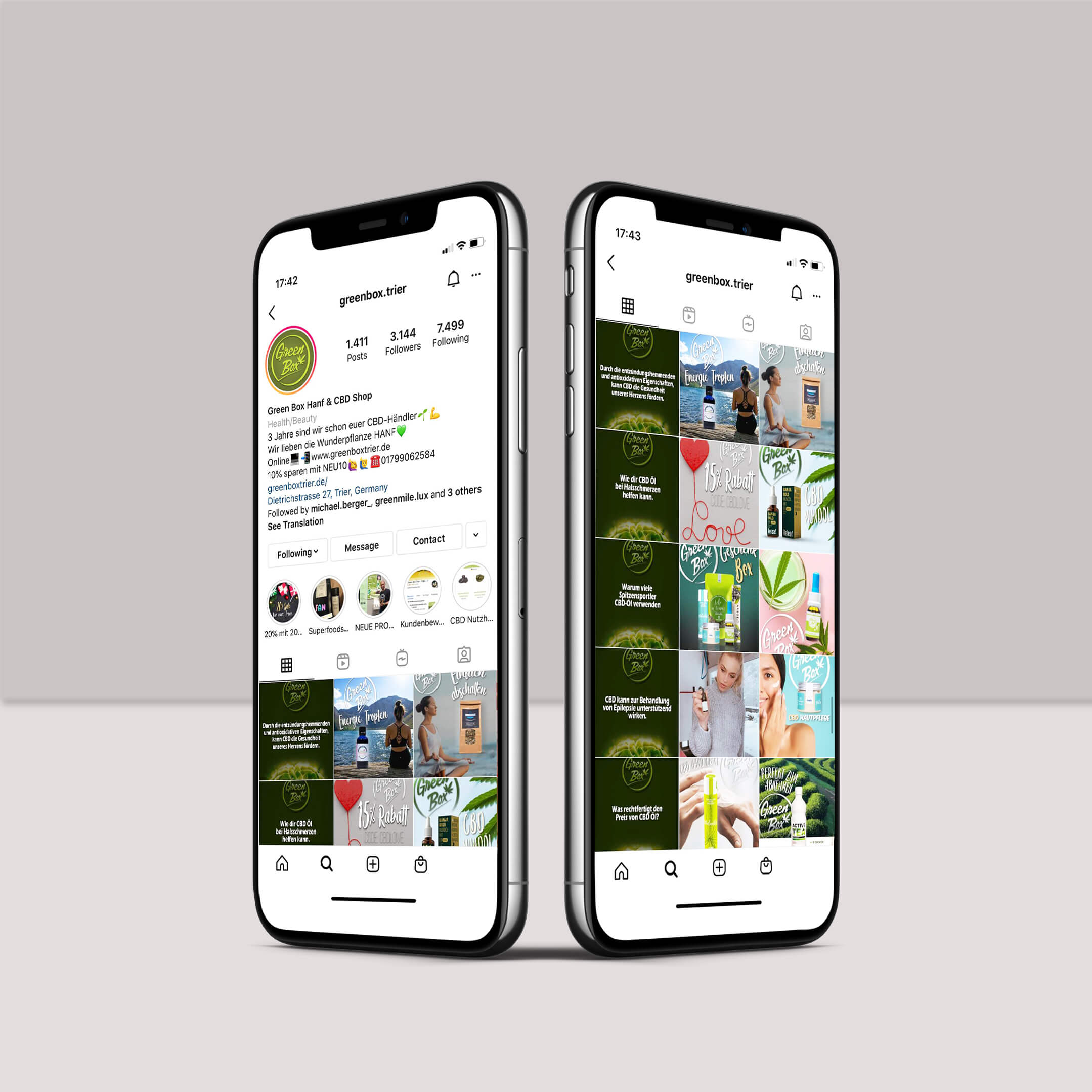 Instagram Auftritt von der Green Box Trier auf dem Smartphone Darstellung und Beschreibung des Social Media Instagram Auftritts von der Green Box Trier auf dem Smartphone