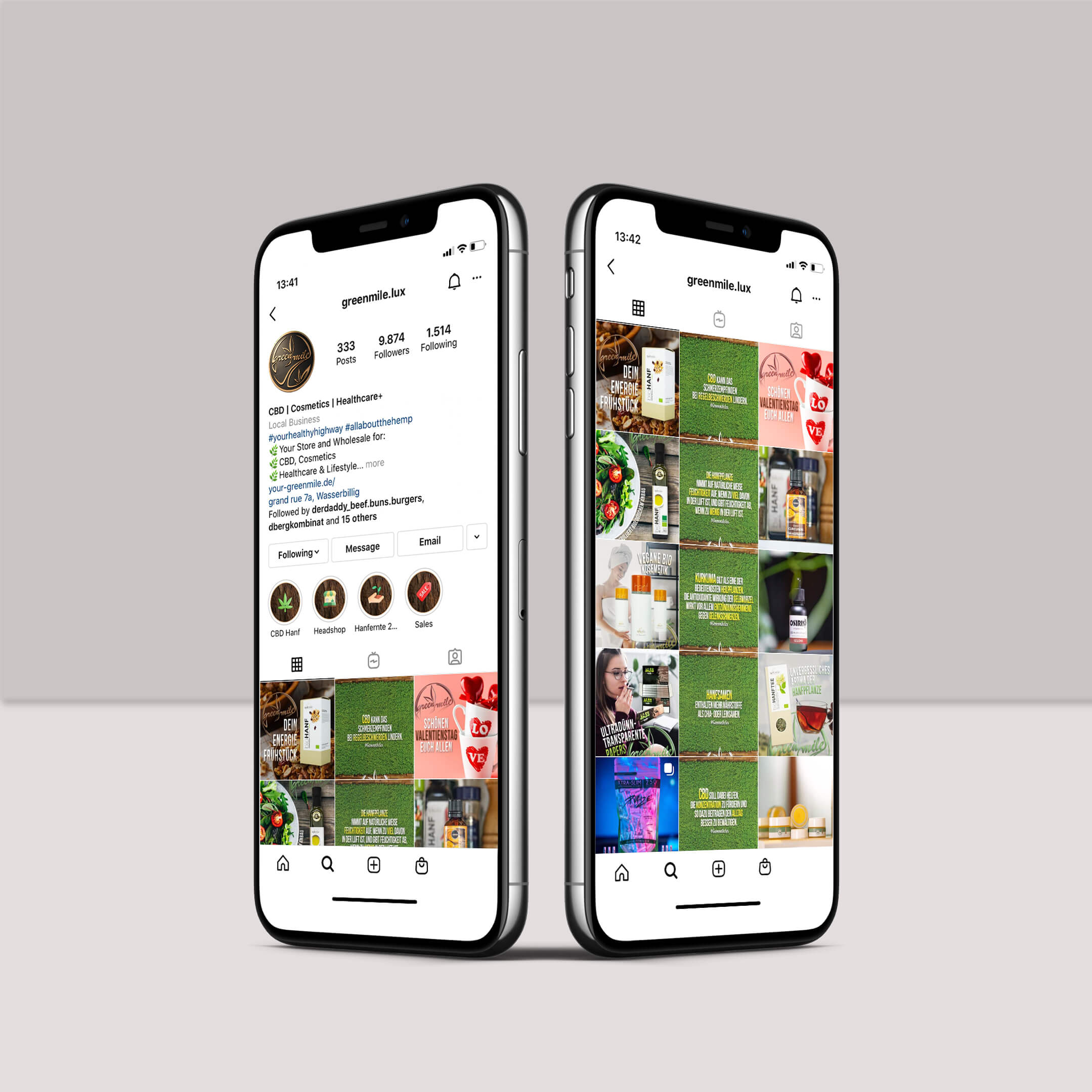 Instagram Auftritt von Green Mile Lux auf dem Smartphone Darstellung und Beschreibung des Social Media Instagram Auftritts von Green Mile Lux auf einem Smartphone