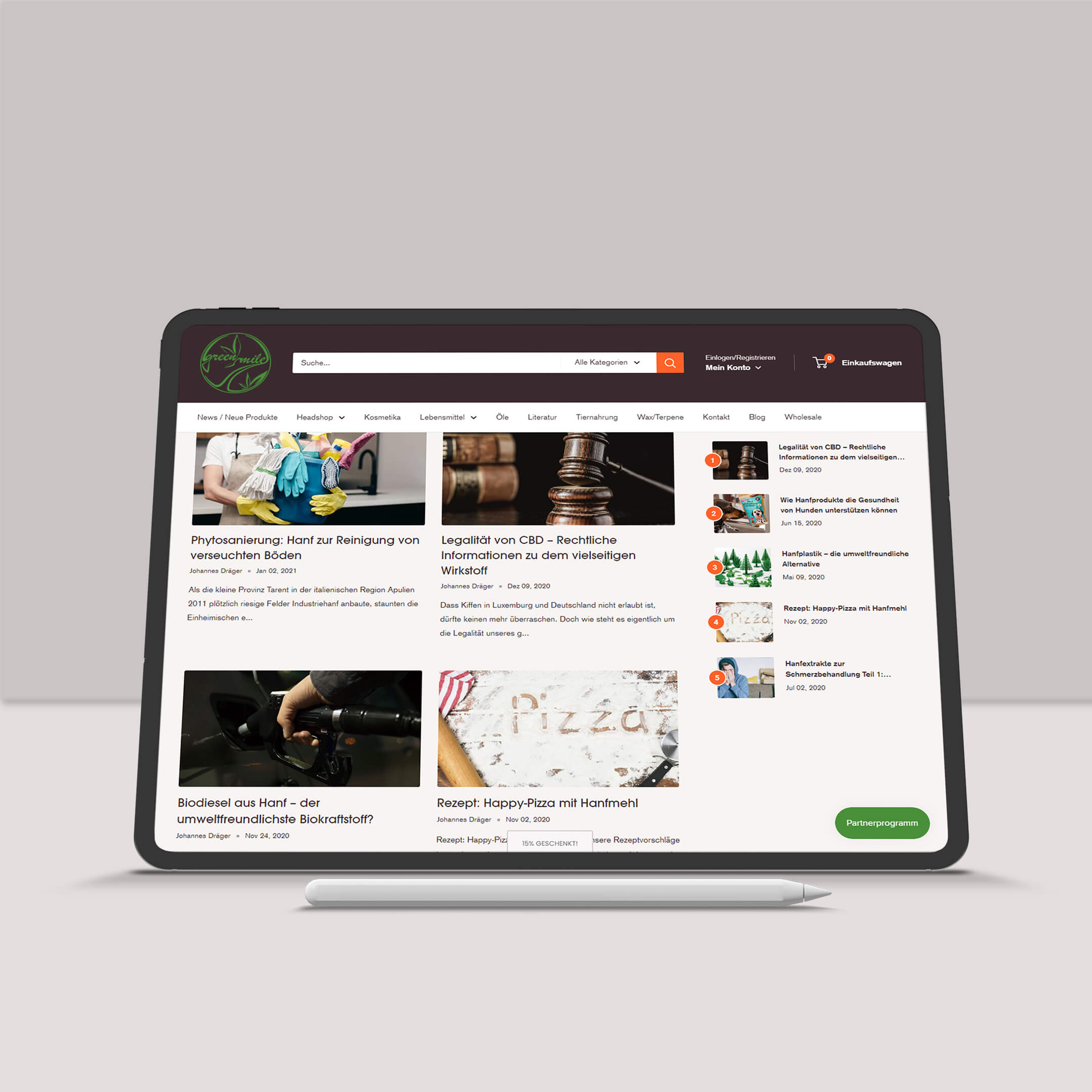 Internetblog von Green Mile Lux auf einem Tablet Darstellung und Beschreibung von Inhalten bzw. Content eines Internetblogs, Webblog, Blogbeitrag von Green Mile Lux auf einem Tablet